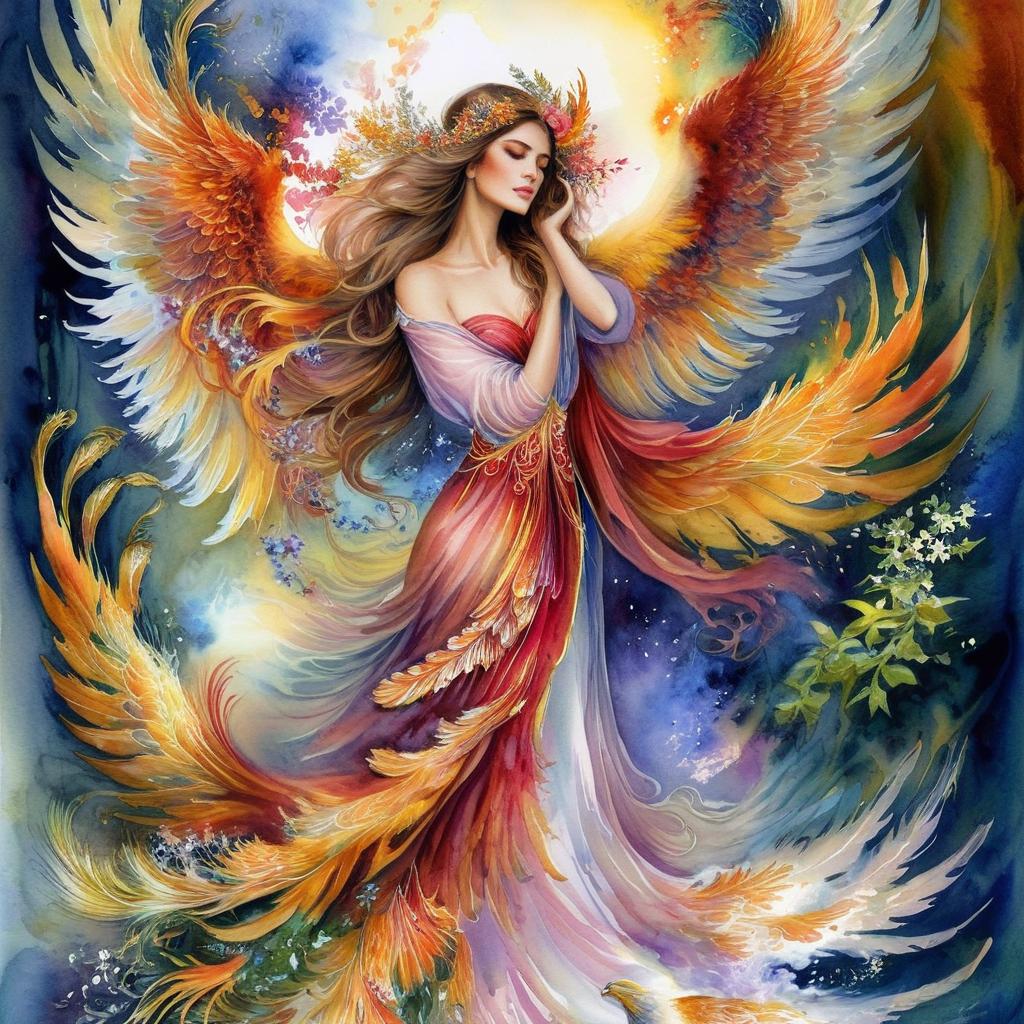 Mystical and spiritual watercolor painting of a beautiful woman resembling a phoenix with four wings in heaven