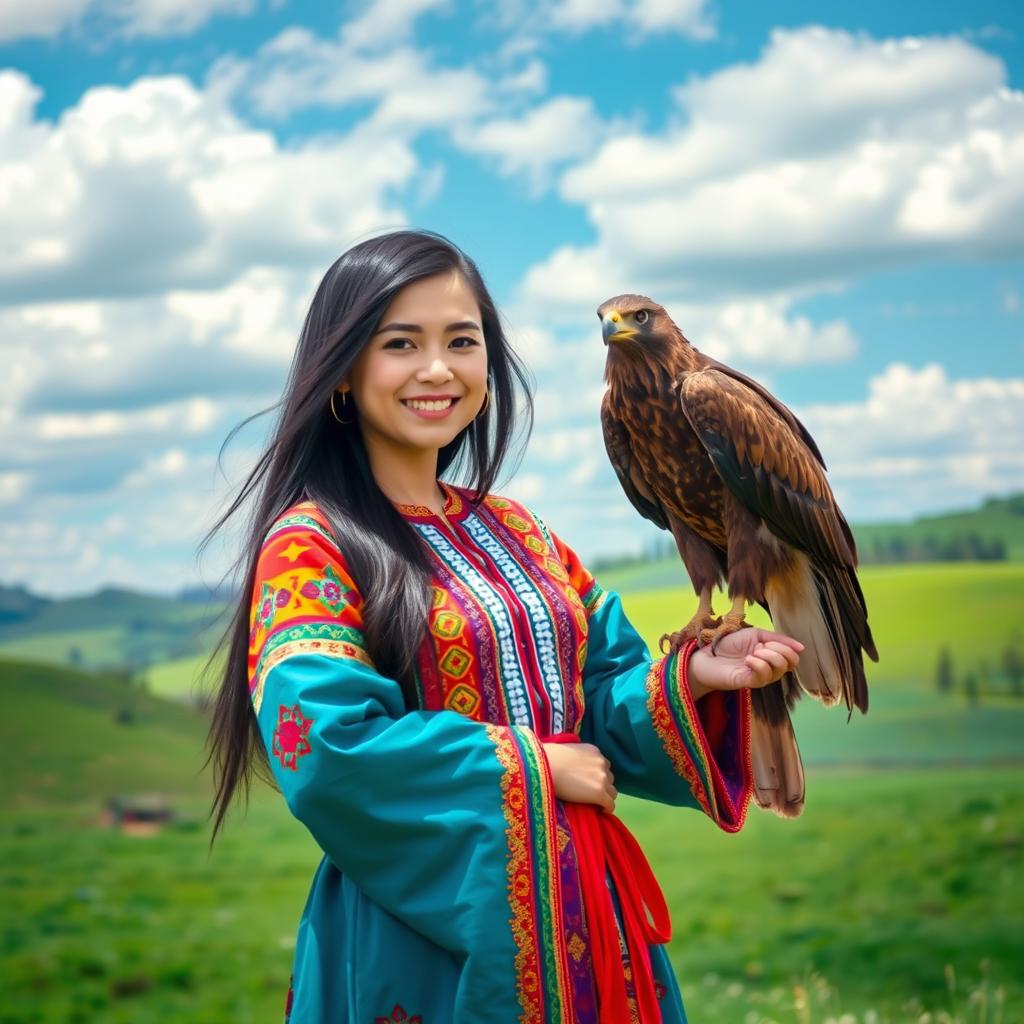 A beautiful Kazakh girl showcasing her vibrant traditional attire in a picturesque landscape of Kazakhstan