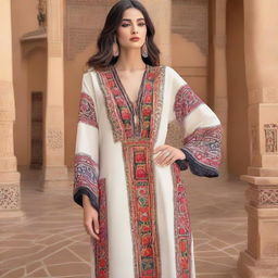 An elegant, exquisitely detailed Moroccan caftan, highlighting traditional embroidery and vibrant patterns, with a modern touch to evoke originality.