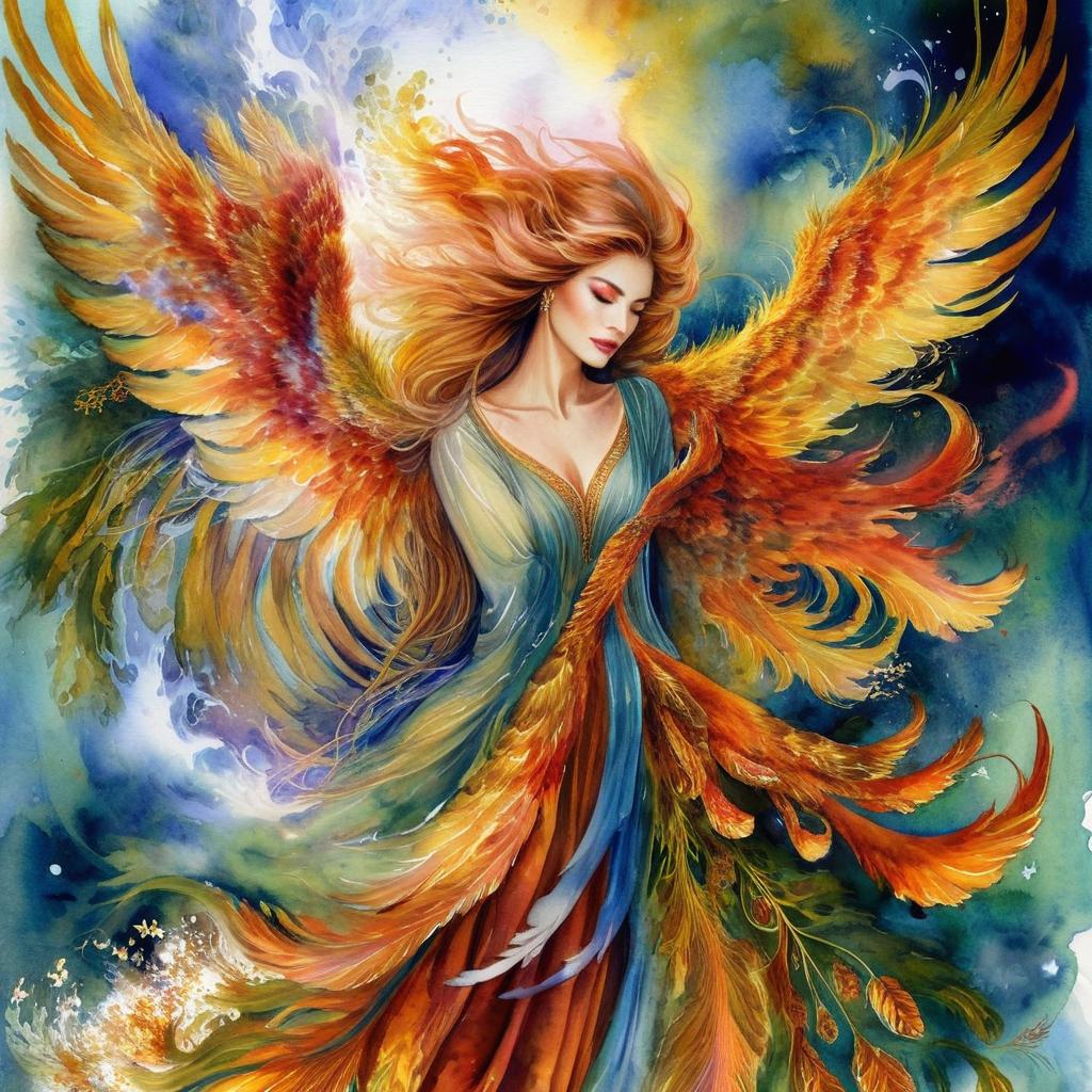 Mystical and spiritual watercolor painting of a beautiful woman resembling a phoenix with four wings in heaven