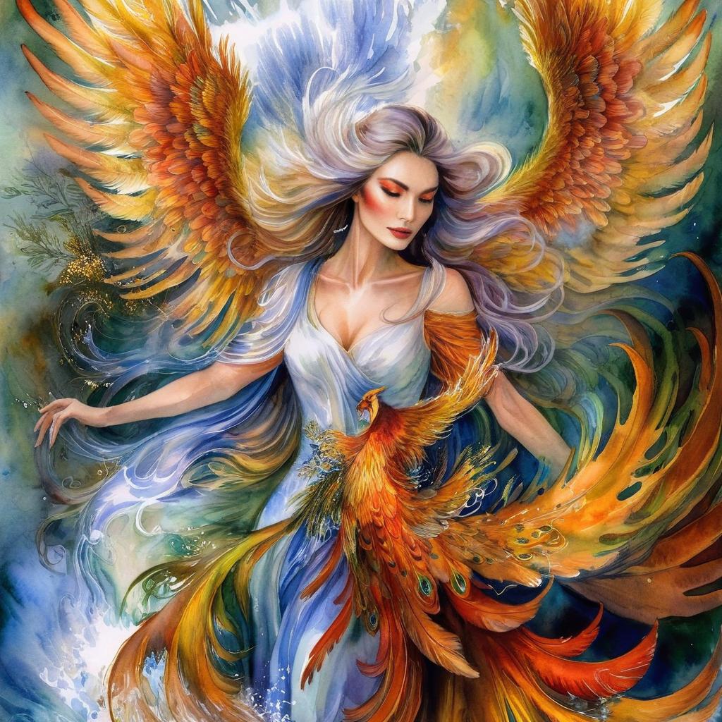 Mystical and spiritual watercolor painting of a beautiful woman resembling a phoenix with four wings in heaven