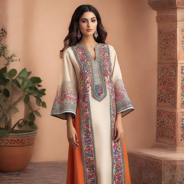 An elegant, exquisitely detailed Moroccan caftan, highlighting traditional embroidery and vibrant patterns, with a modern touch to evoke originality.