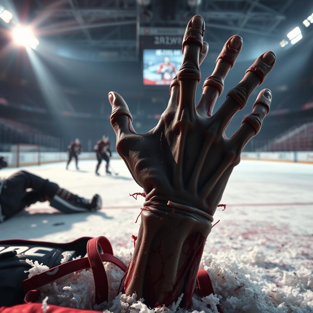 A dramatic scene featuring a zombie hand emerging from an ice hockey rink, the hand is decayed with visible bones and tattered skin, surrounded by ice shavings and hockey gear, the rink illuminated by bright overhead lights creating an eerie atmosphere, in the background faint players in hockey gear can be seen reacting in shock, capturing a mix of horror and sports action