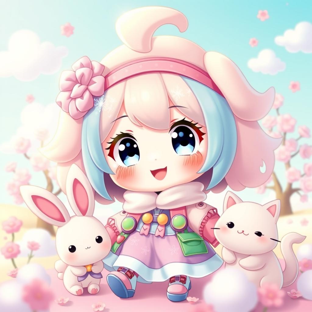 A cute and kawaii character with big sparkling eyes, fluffy hair, and a cheerful smile, dressed in colorful attire with oversized accessories