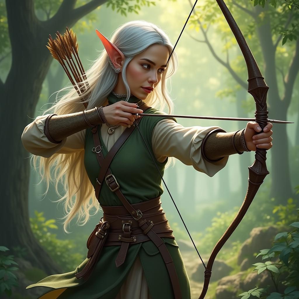 An elegant elven archer inspired by Dungeons & Dragons, showcasing agility and precision
