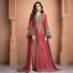 An elegant, exquisitely detailed Moroccan caftan, highlighting traditional embroidery and vibrant patterns, with a modern touch to evoke originality.