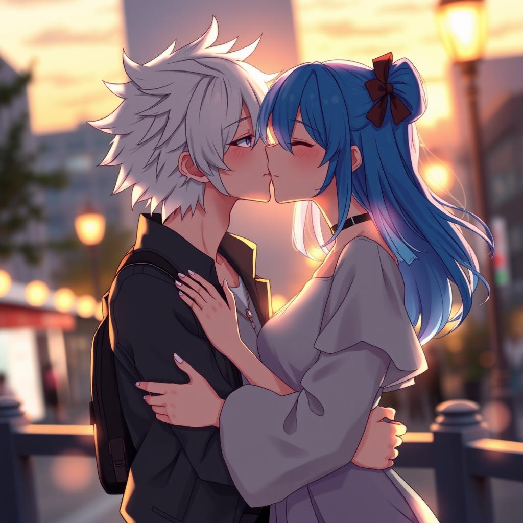 Lui Shirosagi passionately kissing Shasa Guten, set in a romantic urban backdrop at sunset