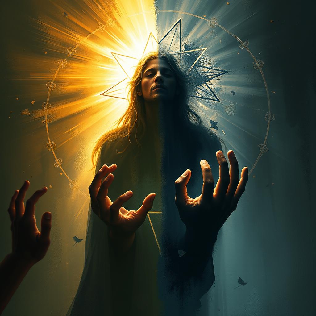 A dramatic and mystical digital painting divided into two halves