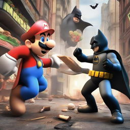 An intense battle scene between Mario and Batman in the middle of a bustling city. They are fiercely competing for a delicious kebab that is tempting in the foreground.