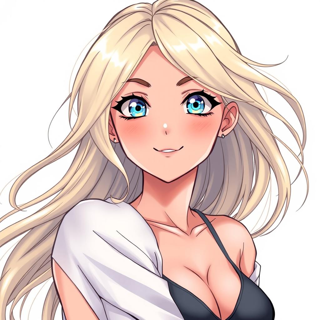A beautiful toned blonde woman with striking blue eyes, depicted in a highly detailed HD quality drawing, styled in manga art