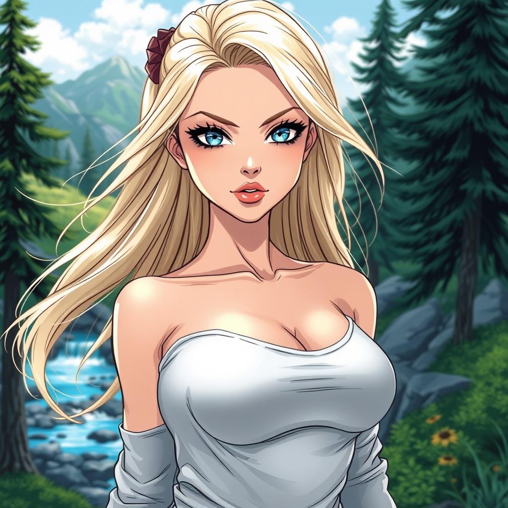 A stunningly beautiful toned blonde woman with vibrant blue eyes, depicted in high definition manga art style
