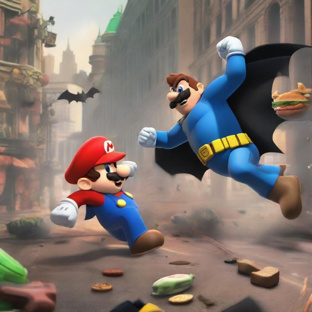 An intense battle scene between Mario and Batman in the middle of a bustling city. They are fiercely competing for a delicious kebab that is tempting in the foreground.