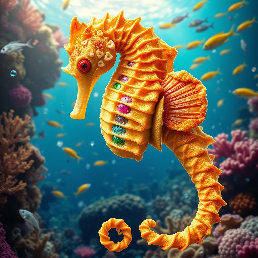 A whimsical and surreal image of a seahorse fused with a chimichanga