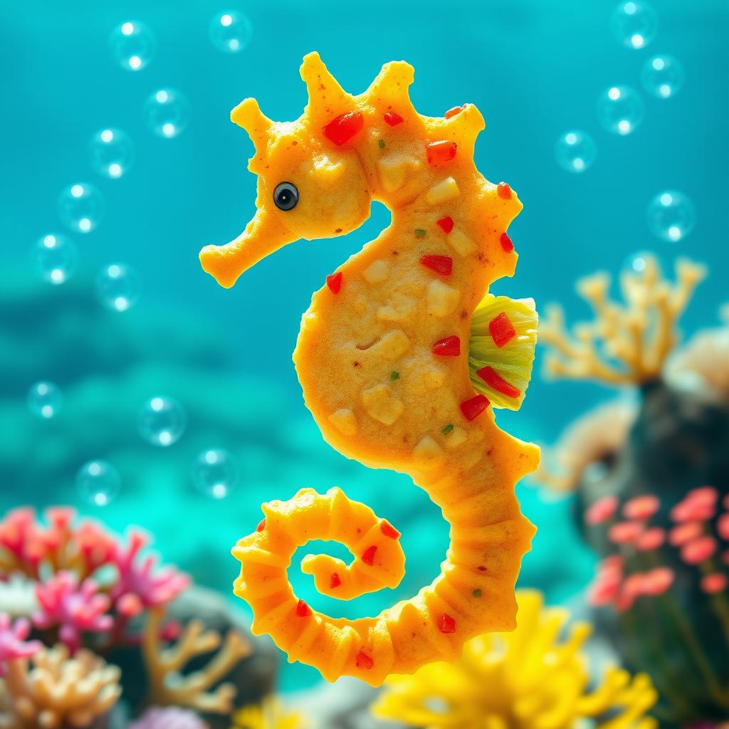 A whimsical and imaginative fusion of a seahorse and a chimichanga, showcasing a colorful, vibrant seahorse with the texture and shape of a chimichanga