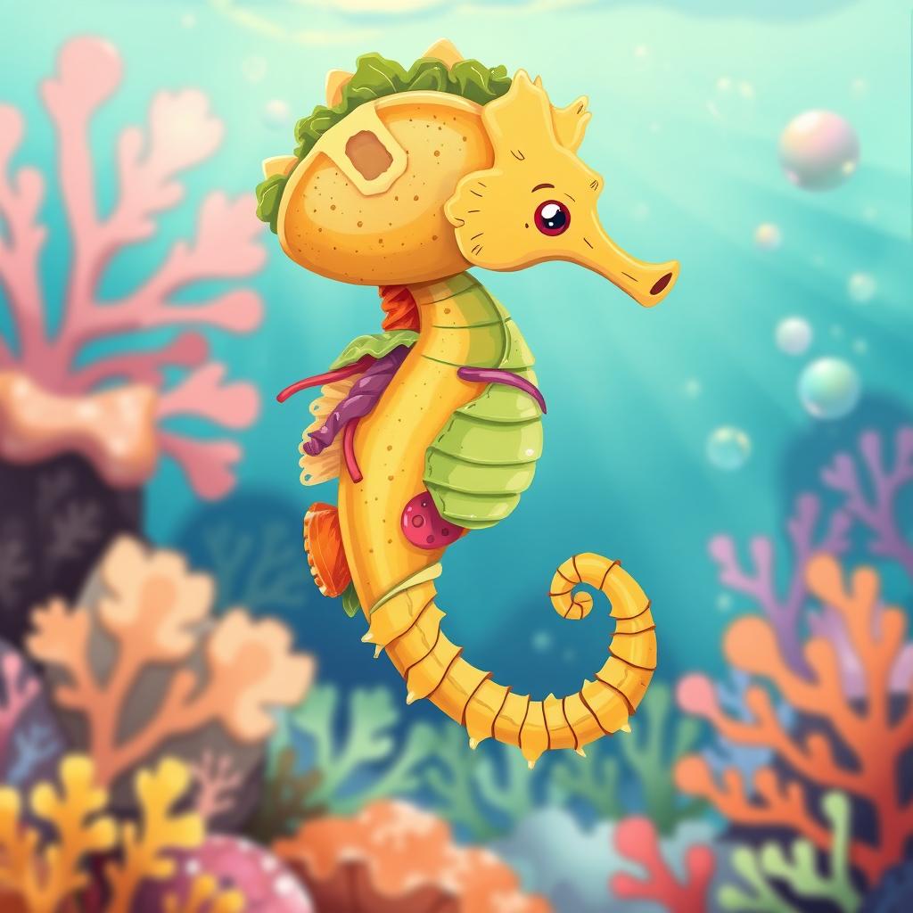 A whimsical and imaginative illustration of a seahorse seamlessly fused with a taco