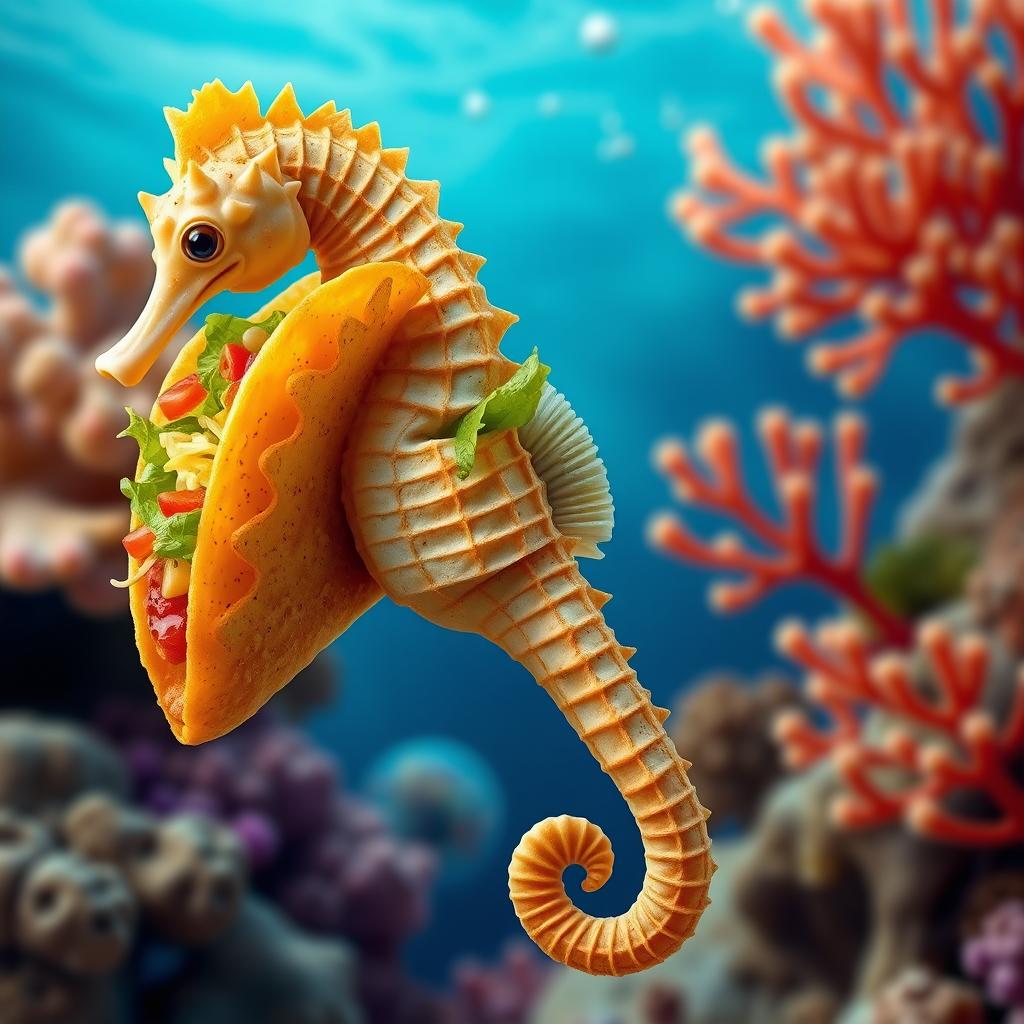 A realistic depiction of a seahorse creatively fused with a taco, showcasing vibrant details