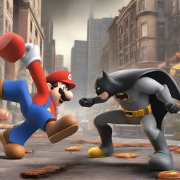 An intense battle scene between Mario and Batman in the middle of a bustling city. They are fiercely competing for a delicious kebab that is tempting in the foreground.