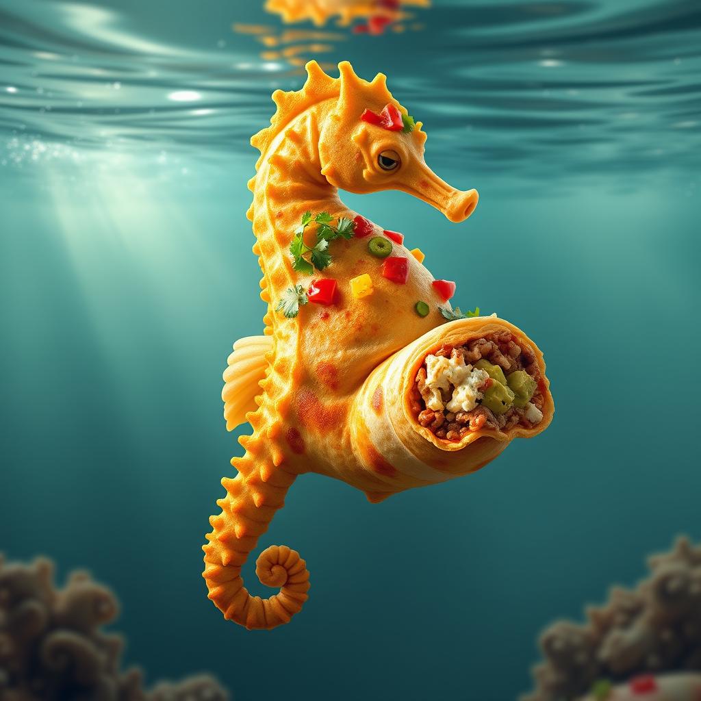 A realistic and imaginative portrayal of a seahorse merged with a chimichanga, where the chimichanga forms a significant part of the seahorse's body