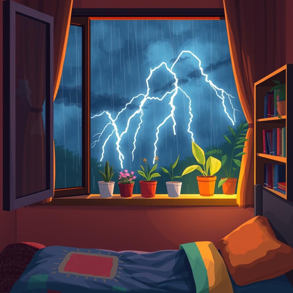 An illustrative scene of a cozy Brazilian bedroom at night, showcasing a window from which a view of a thunderstorm can be seen