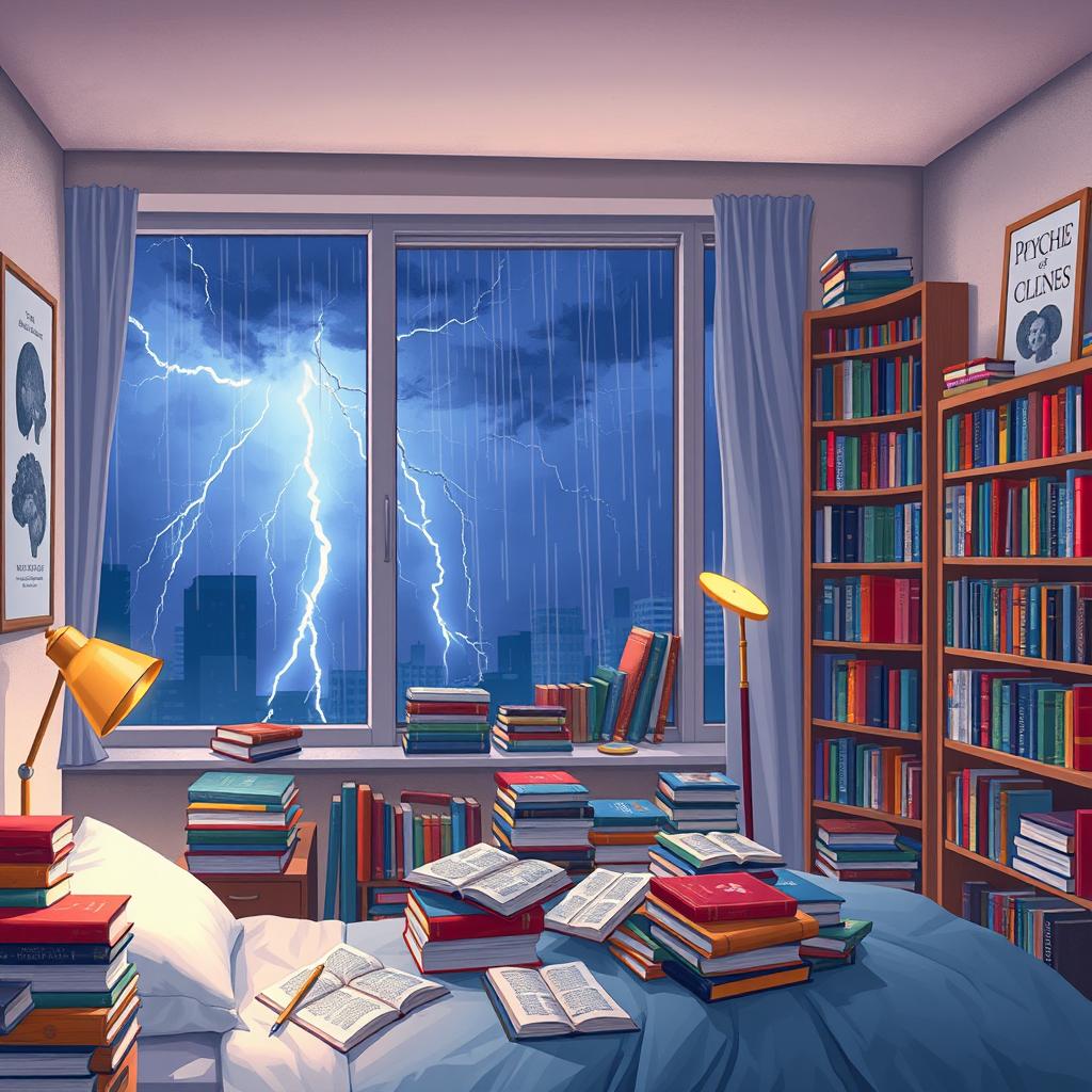 An illustrative scene depicting the bedroom of a young psychology student who loves books
