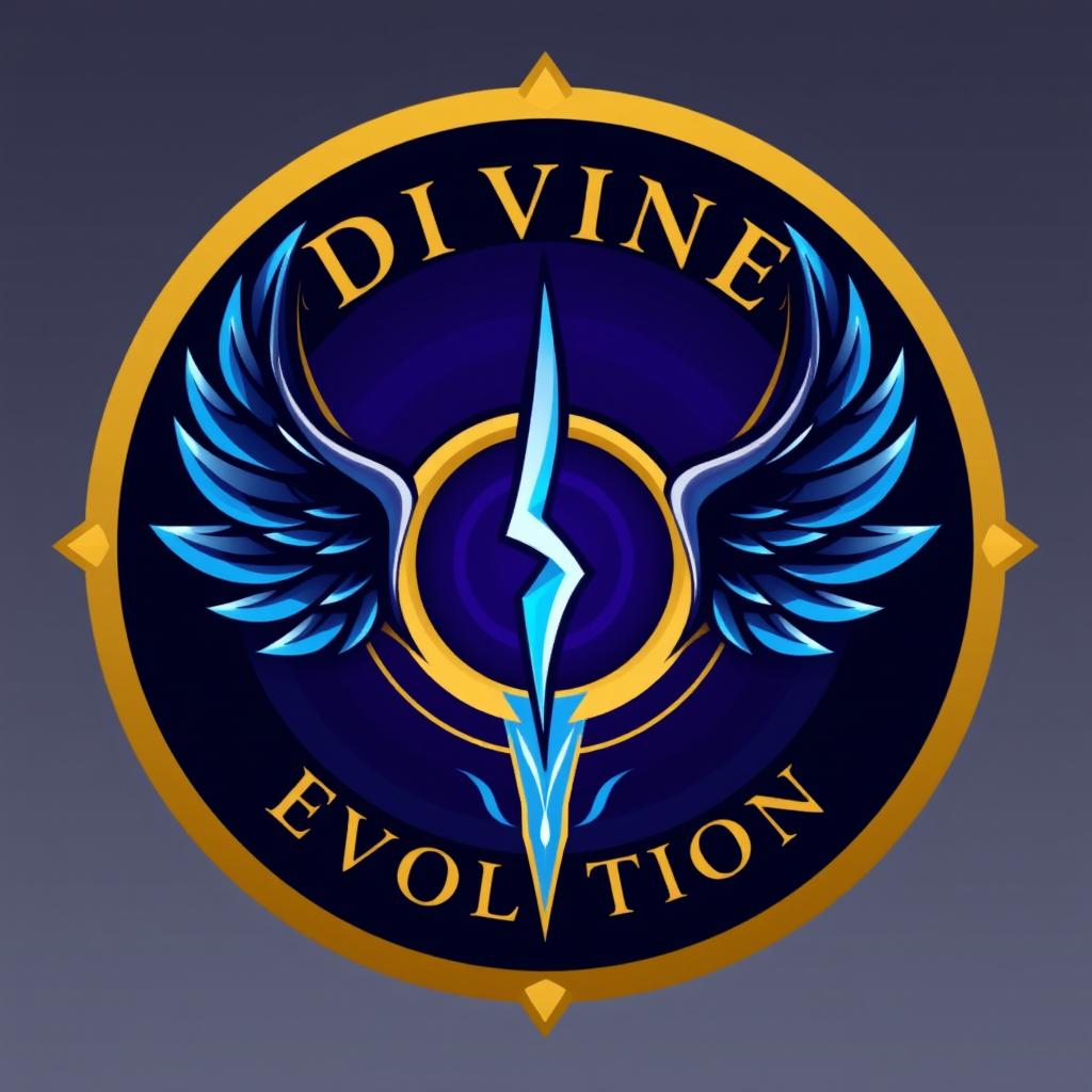 Logo design of a fantasy guild named 'Divine Evolution', featuring a stylized spiral entwined with a lightning bolt at the center, flanked by ethereal wings, all enclosed in a circular emblem