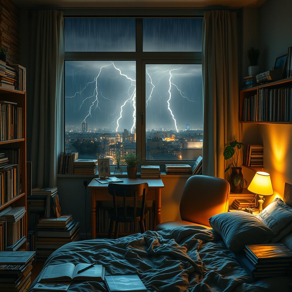 A cozy bedroom of a young adult psychology student who works at a bookstore