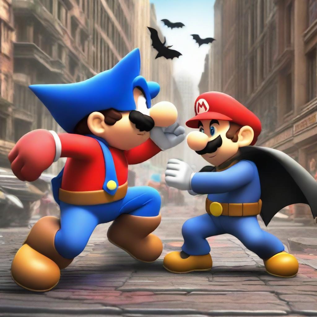 An intense battle scene between Mario and Batman in the middle of a bustling city. They are fiercely competing for a delicious kebab that is tempting in the foreground.