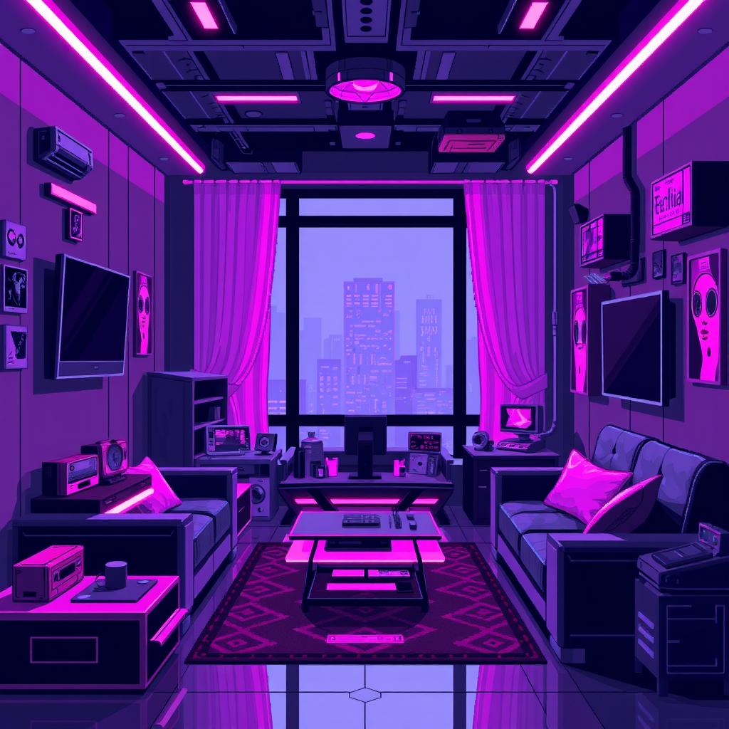 A pixel art background of a high-tech apartment, crafted in a pink goth core style