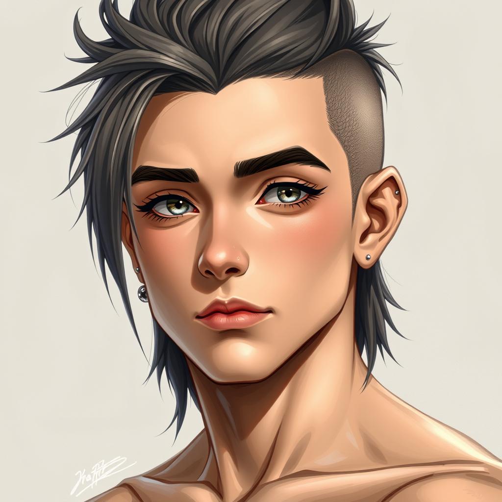 A realistic portrait of an 18-year-old French high school boy with a unique hairstyle featuring an undercut and long hair reaching his shoulders