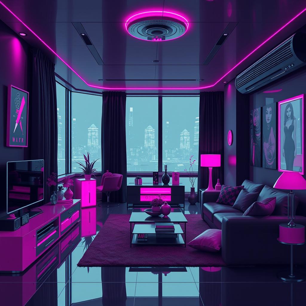 A high-tech apartment interior, featuring modern futuristic furniture and gadgets, emphasizing a pink goth core aesthetic