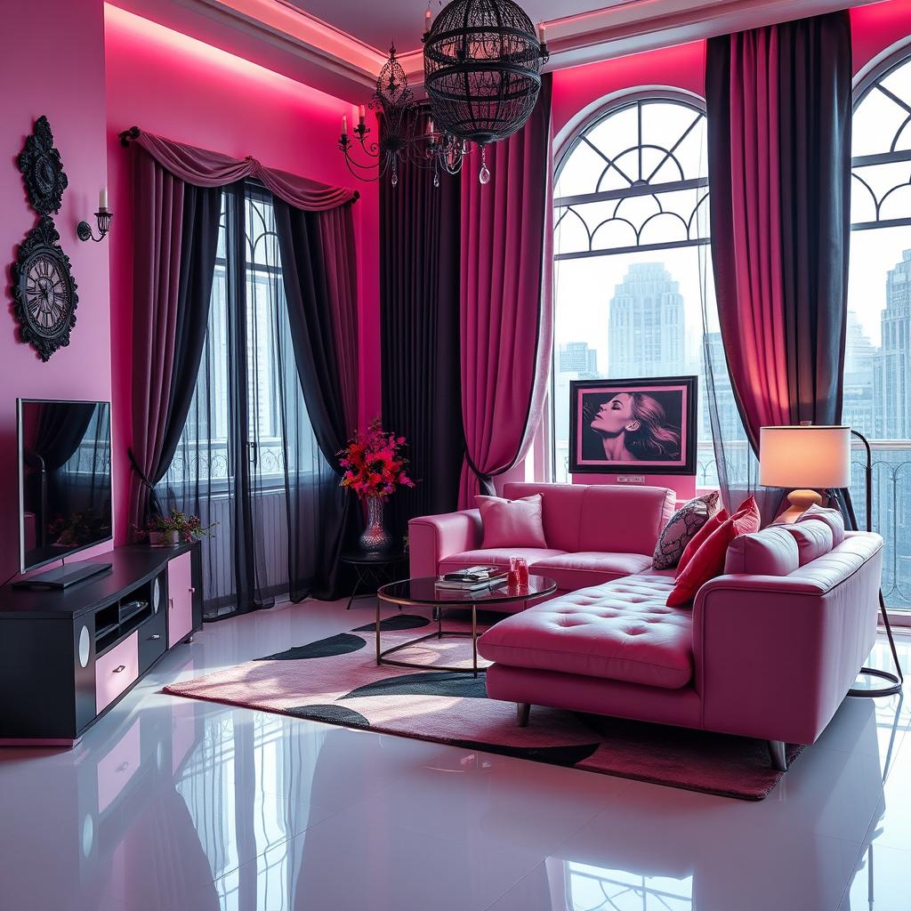 A high-tech apartment interior, decorated with pink goth core aesthetics, featuring stylish and modern furniture