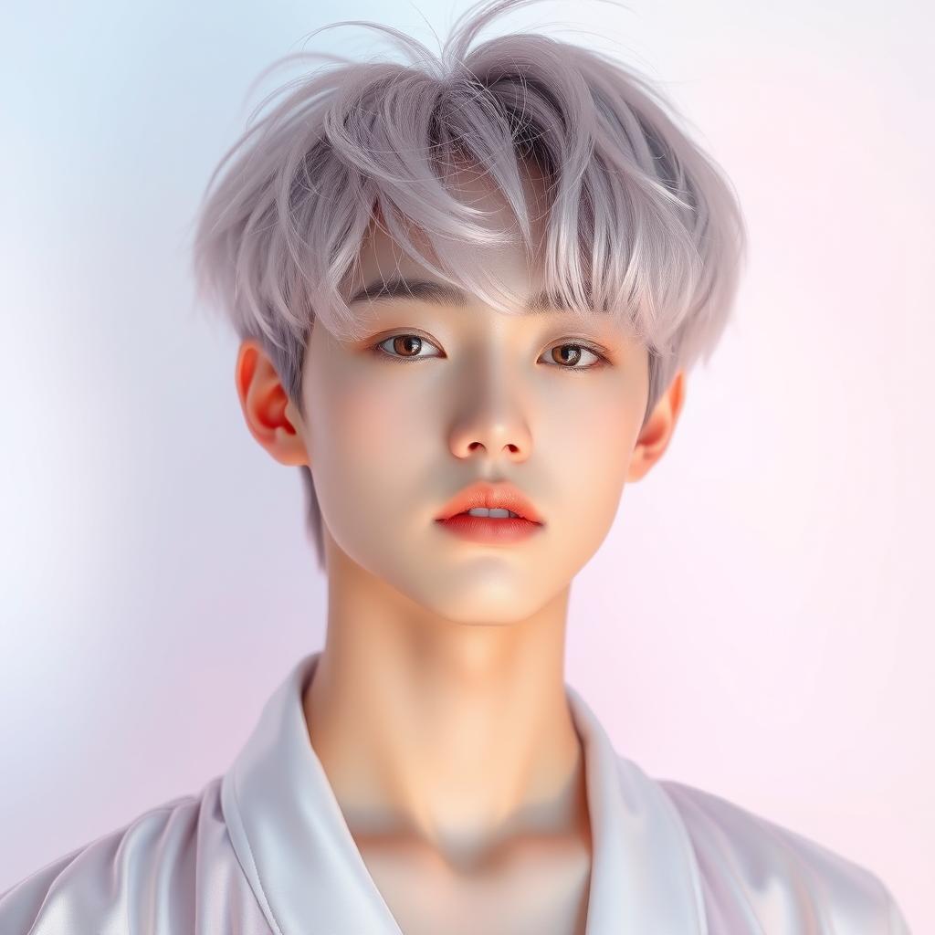 An ethereal and dreamlike portrait of a feminine boy showcasing delicate features and a soft expression