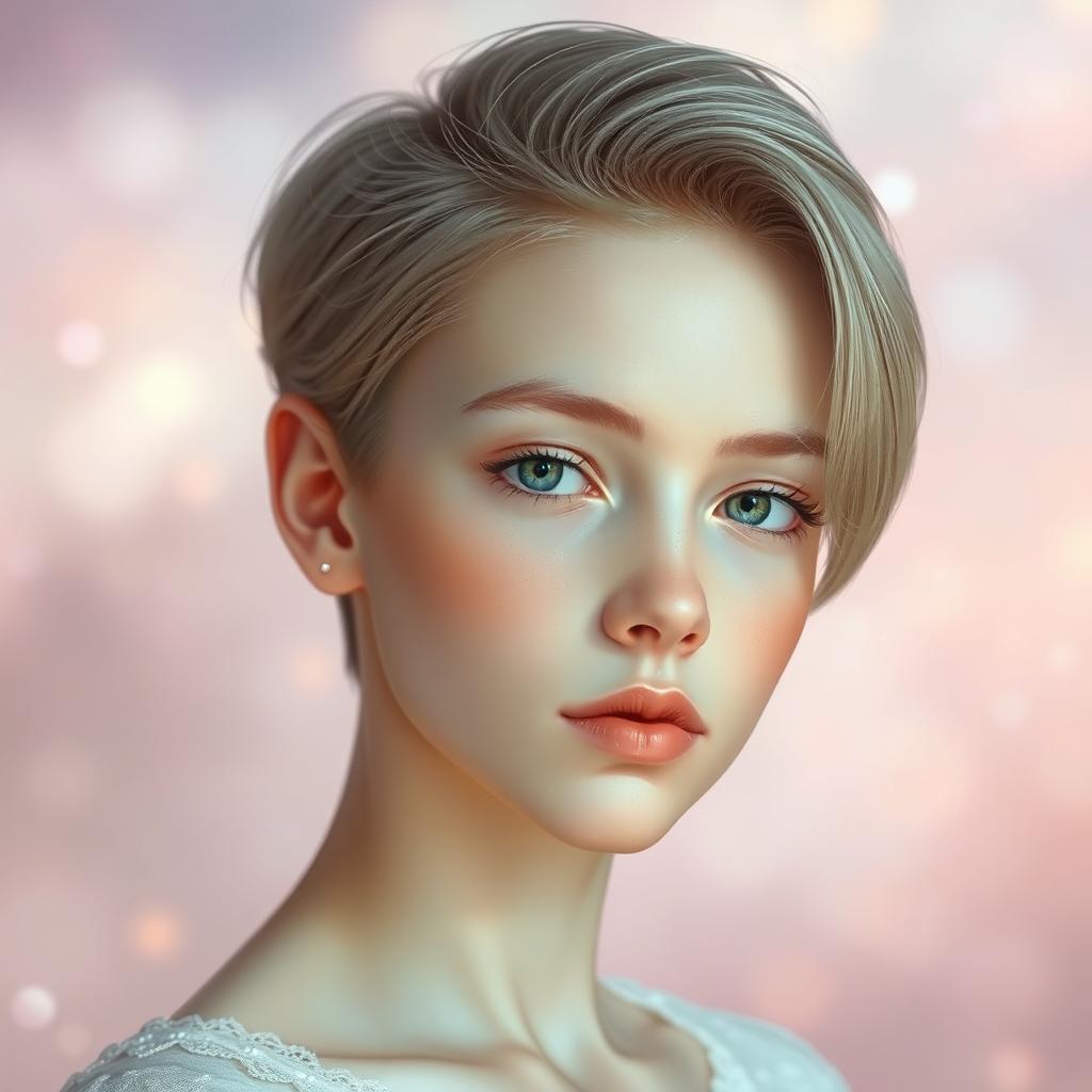 A portrait of a feminine boy with ethereal features, showcasing a sleek, short hairstyle