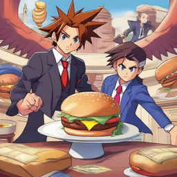 Sora from Kingdom Hearts and Phoenix Wright from Ace Attorney in an epic, cartoonish struggle over a tantalizingly depicted burger. The setting is a dynamic blend of their recognizable universes.