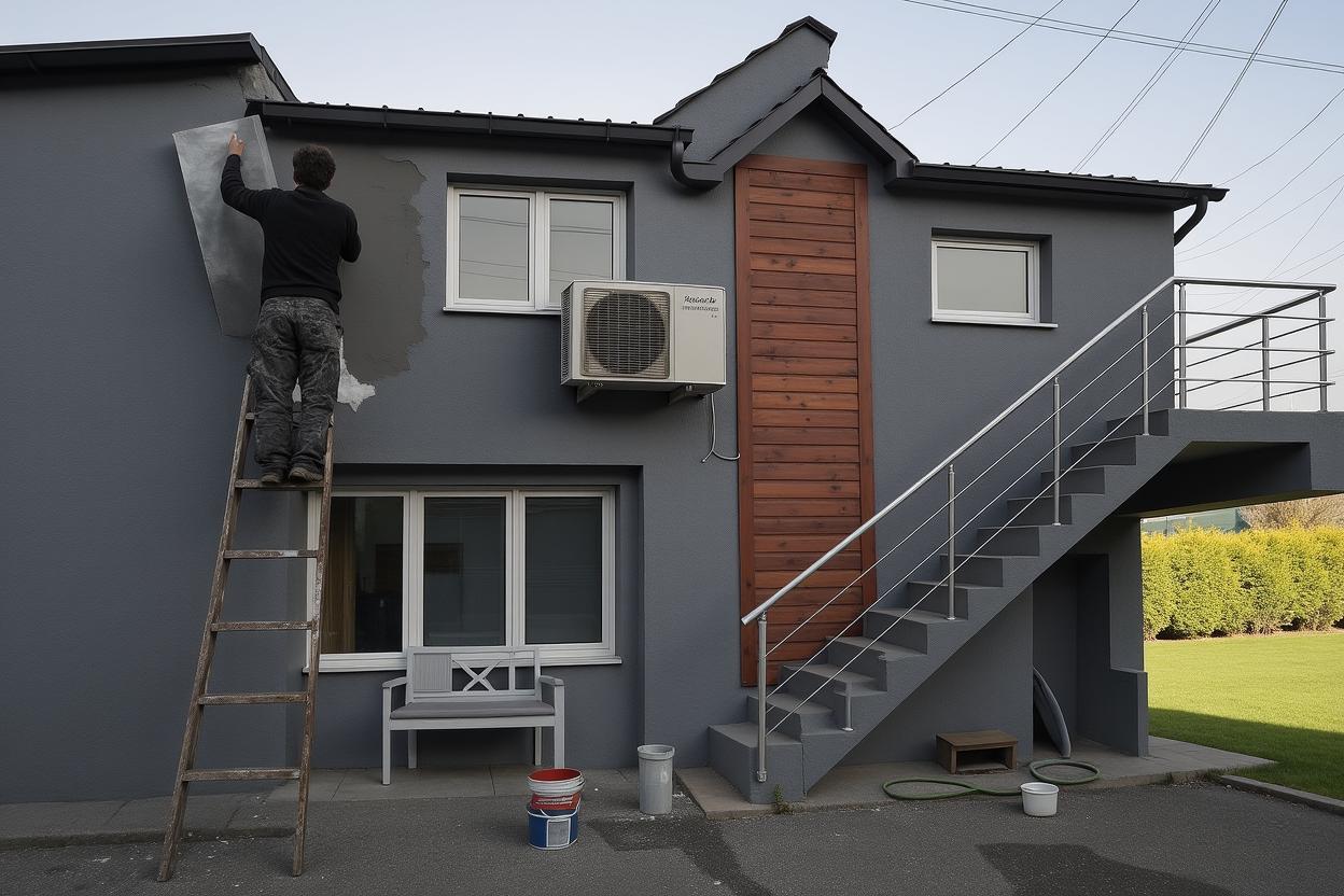 A handsome exterior of a modern building, featuring a fresh coat of gray paint