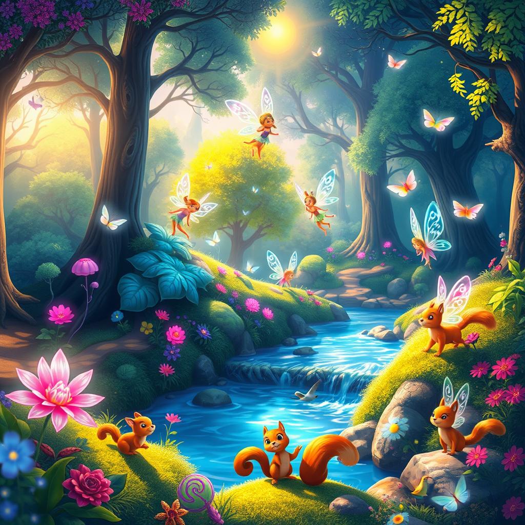 A vibrant, animated scene featuring a magical forest with colorful, luminescent plants, fluttering fairies with sparkling wings, and a serene river flowing through the landscape