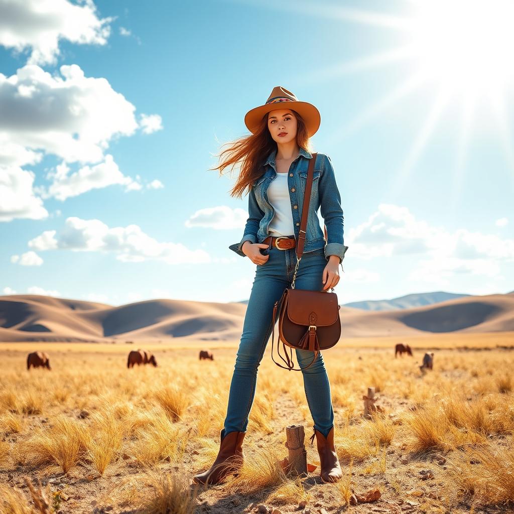 A chic frontier scene featuring a stylish young woman in a modernized cowboy outfit with a fashionable twist