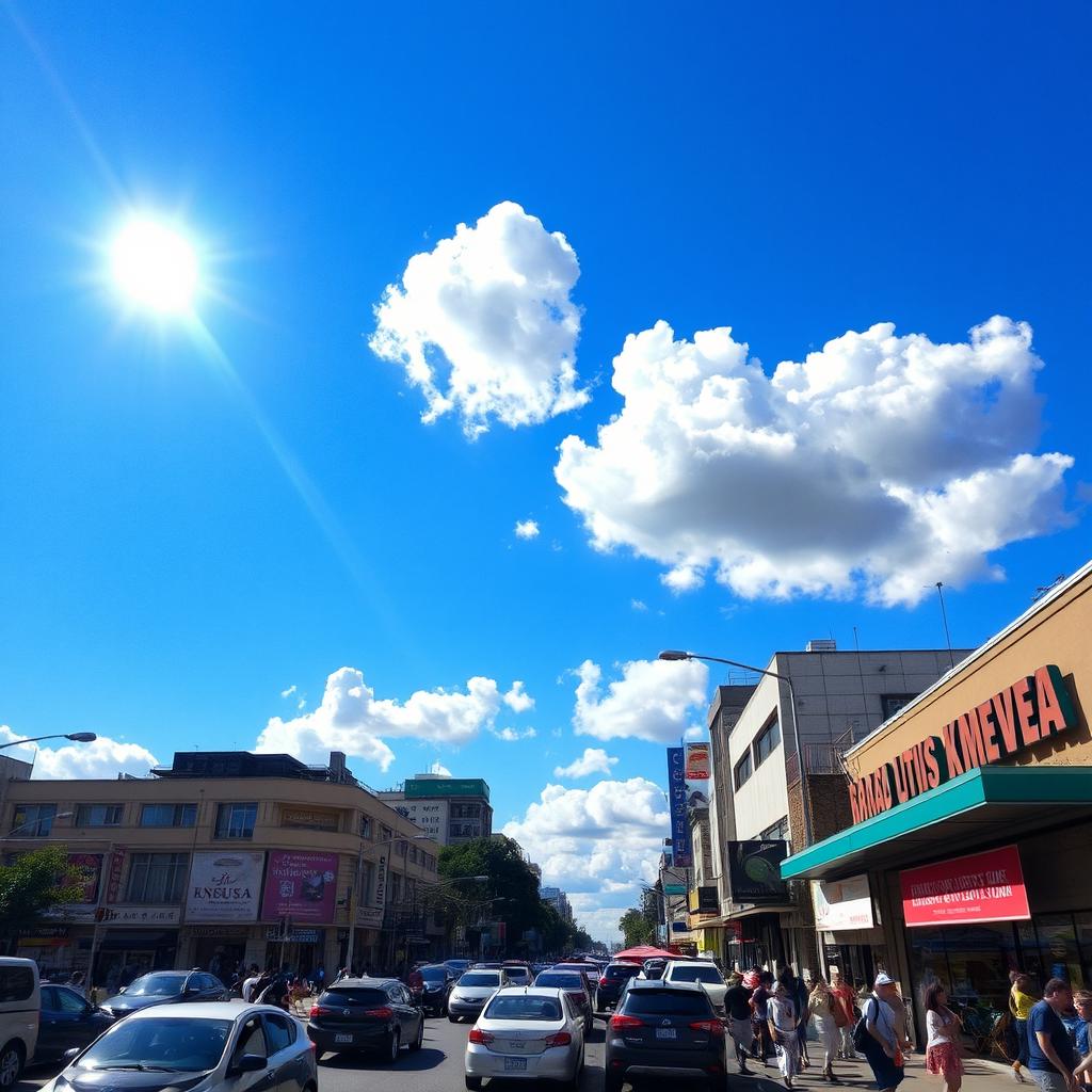 A vibrant cityscape featuring a clear blue sky with a timid sun peeking through fluffy white clouds