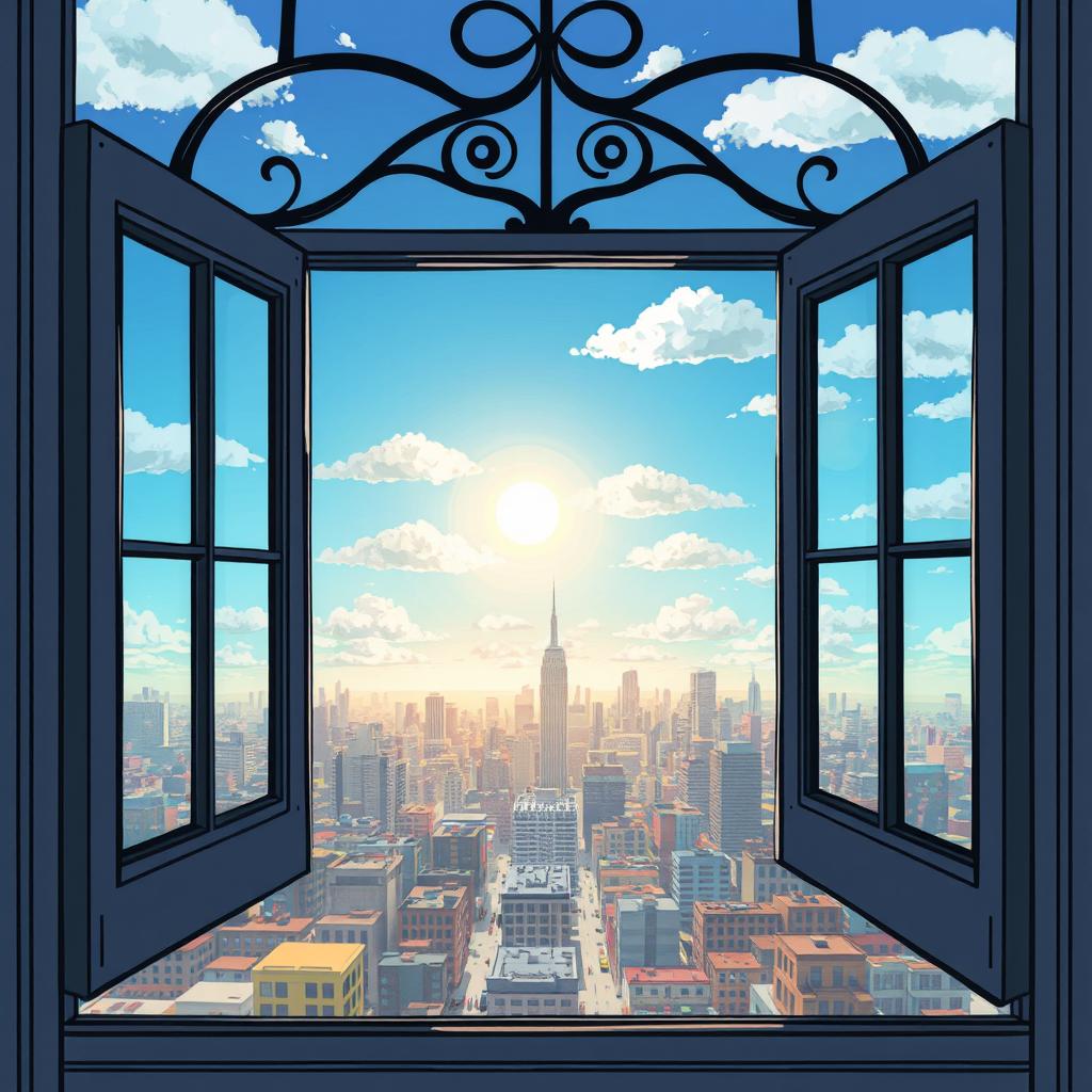 An illustration of a window view showcasing a clear sky with the sun peeking shyly through fluffy clouds