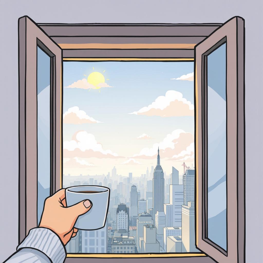 An illustration of an apartment window revealing a clear sky, where a shy sun peeks through fluffy clouds