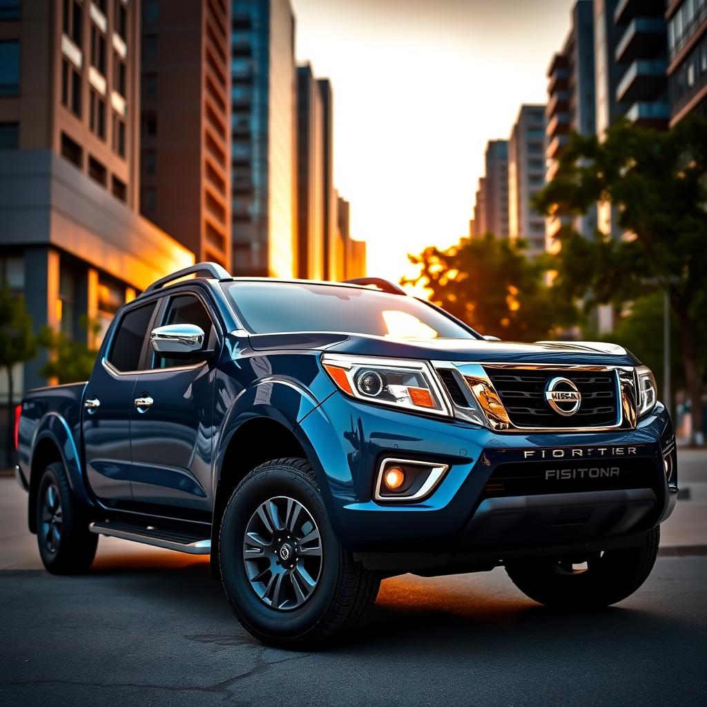 A modern Nissan Frontier pickup truck parked in an urban environment at sunset, showcasing a sleek design with an aggressive front grille and stylish LED headlights