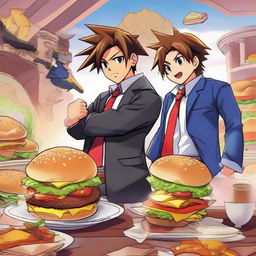 Sora from Kingdom Hearts and Phoenix Wright from Ace Attorney in an epic, cartoonish struggle over a tantalizingly depicted burger. The setting is a dynamic blend of their recognizable universes.