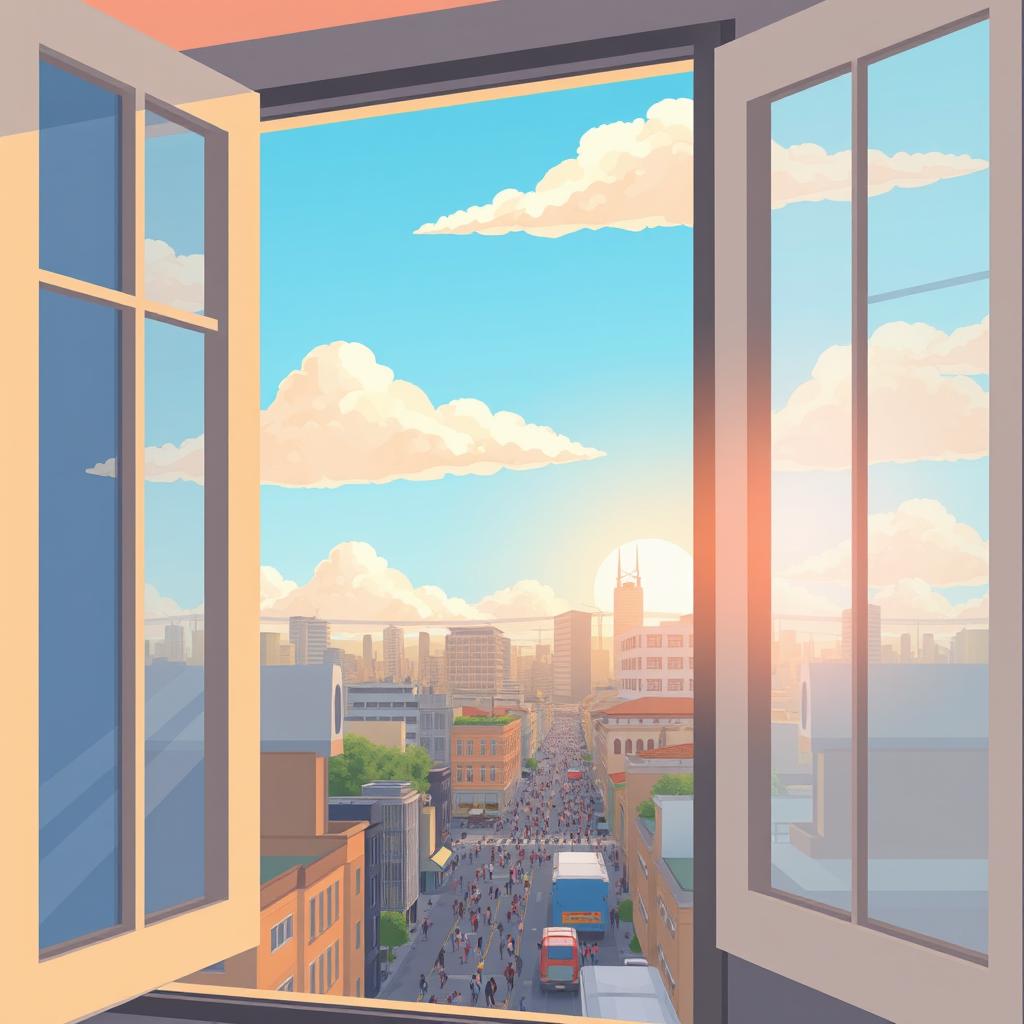 An illustration of an apartment window view, showcasing a clear blue sky with soft, fluffy clouds