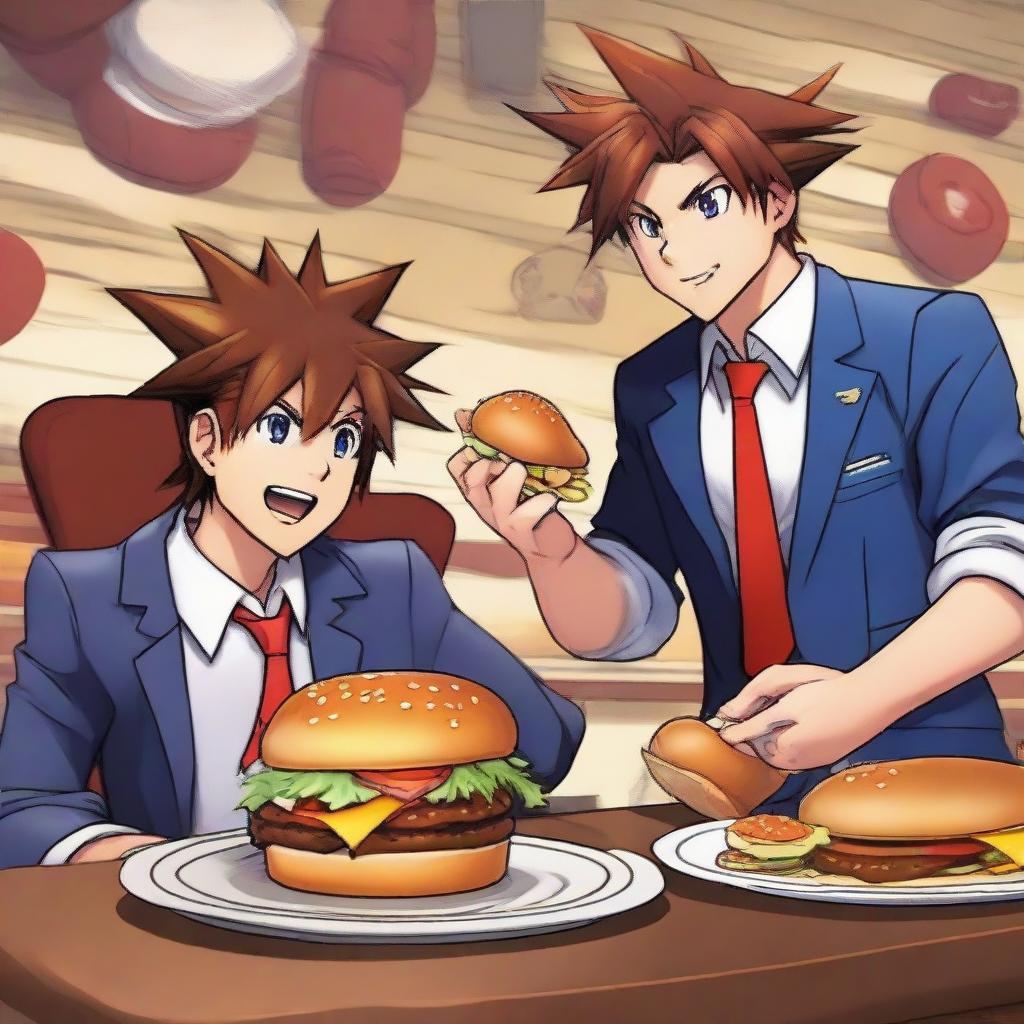 Sora from Kingdom Hearts and Phoenix Wright from Ace Attorney in an epic, cartoonish struggle over a tantalizingly depicted burger. The setting is a dynamic blend of their recognizable universes.