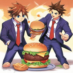 Sora from Kingdom Hearts and Phoenix Wright from Ace Attorney in an epic, cartoonish struggle over a tantalizingly depicted burger. The setting is a dynamic blend of their recognizable universes.