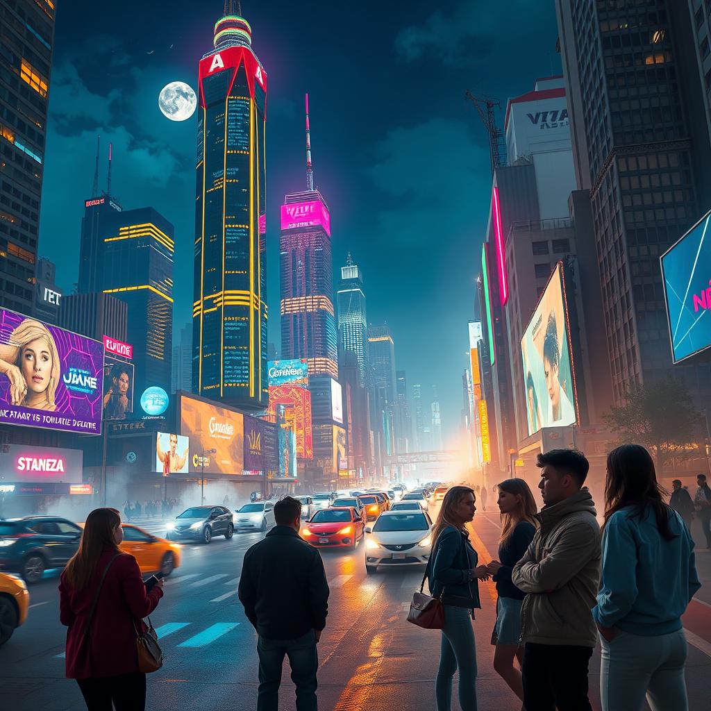 An enchanting night scene depicting a futuristic city skyline illuminated by vibrant neon lights