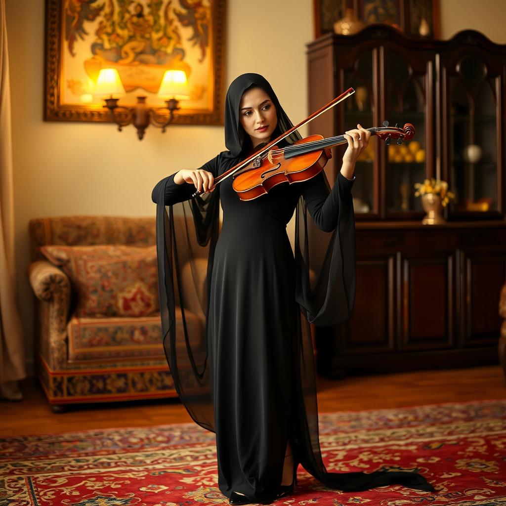 An Iranian woman wearing a black chador, playing a violin in her home