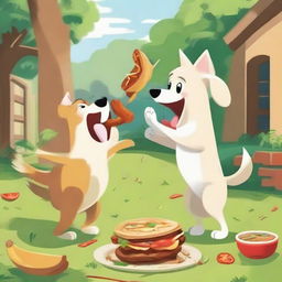 A lively scene of a dog and a cat playfully fighting for a juicy kebab, set in a cheerful backyard. The pets' expressions display their determination and eagerness.