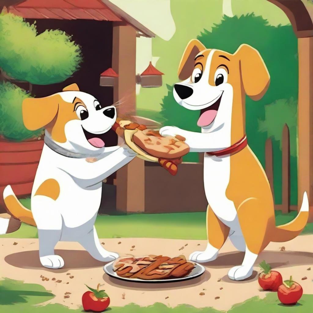 A lively scene of a dog and a cat playfully fighting for a juicy kebab, set in a cheerful backyard. The pets' expressions display their determination and eagerness.