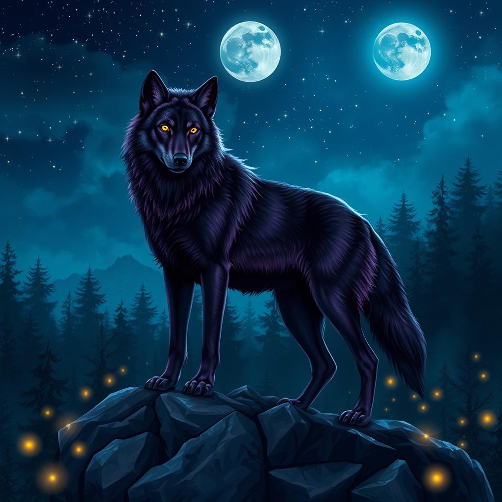 A majestic dark purple wolf standing elegantly on a rocky outcrop under a starry night sky
